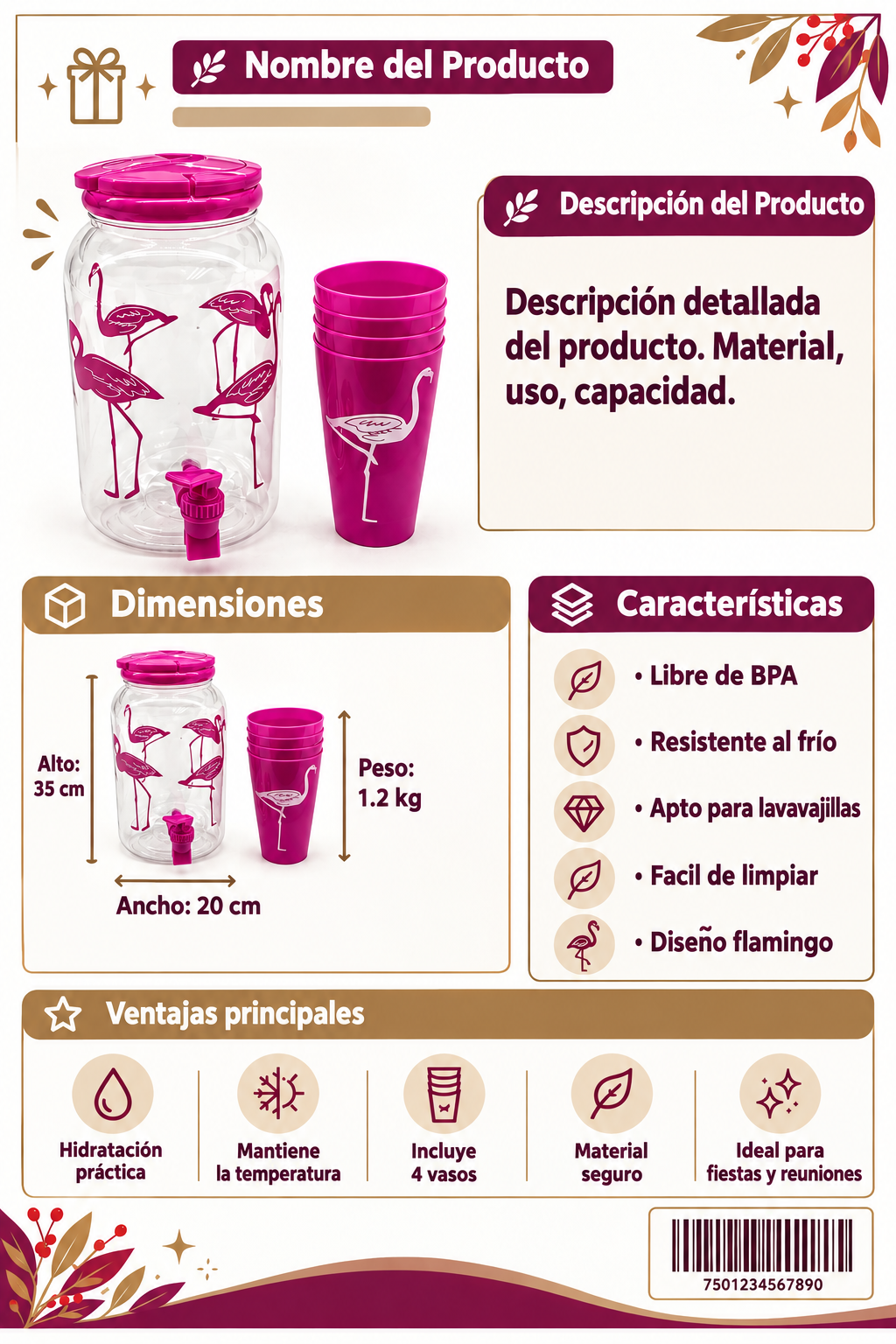 Jarra de 3.8L + 4 Vasos Color Rosa Diseño Flamingos