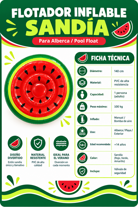 Flotador inflable de sandía para alberca, 140 cm