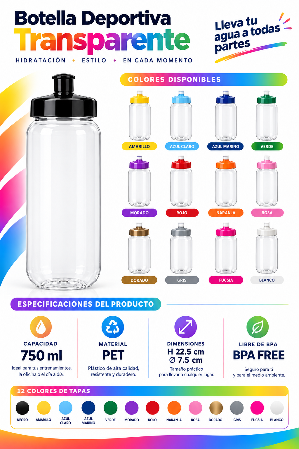 50 Botellas deportivas Transparentes de 500ml para Eventos, Fiestas, deportes