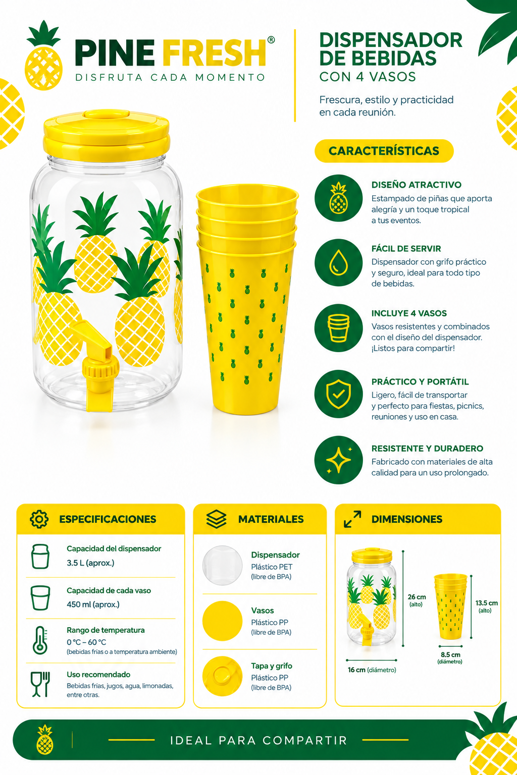 Jarra de 3.8L + 4 Vasos Color Amarillo Diseño Piñas