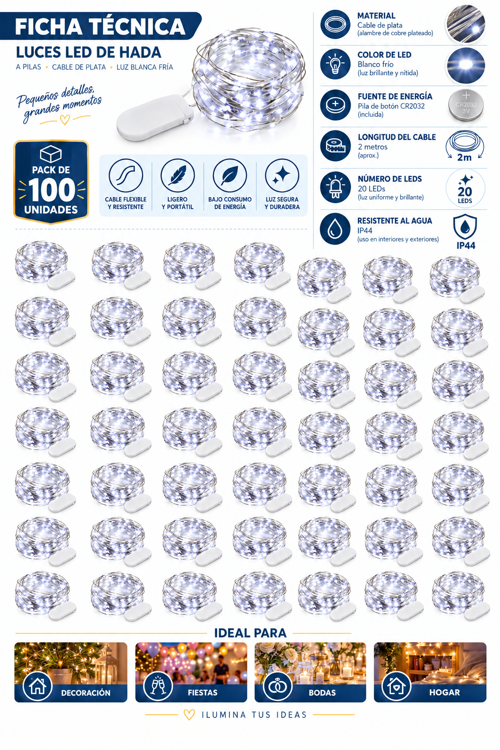 Luces micro LED tipo hada blancas de 2 m a pilas, paquete de 100