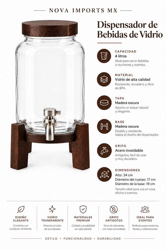 Dispensador de bebidas de vidrio 4 L con grifo y base de madera