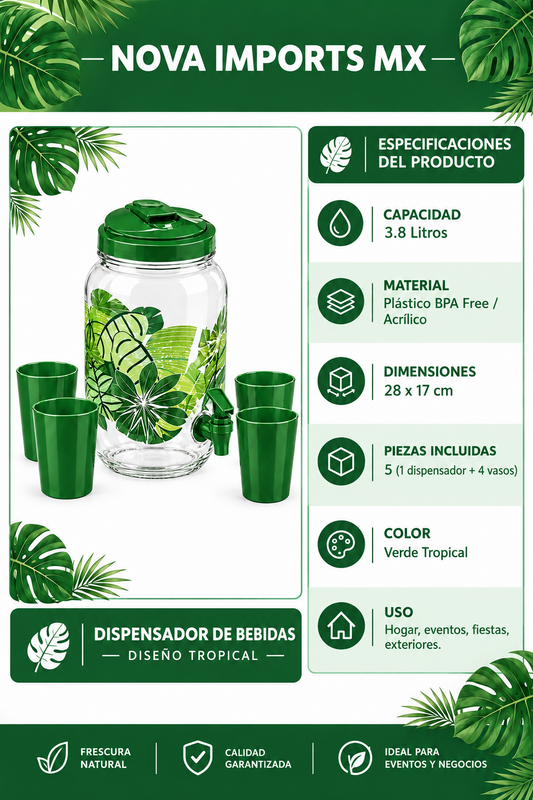 Dispensador de 3.8L color verde tropical diseño de hojas con 4 vasos de plastico de pvc