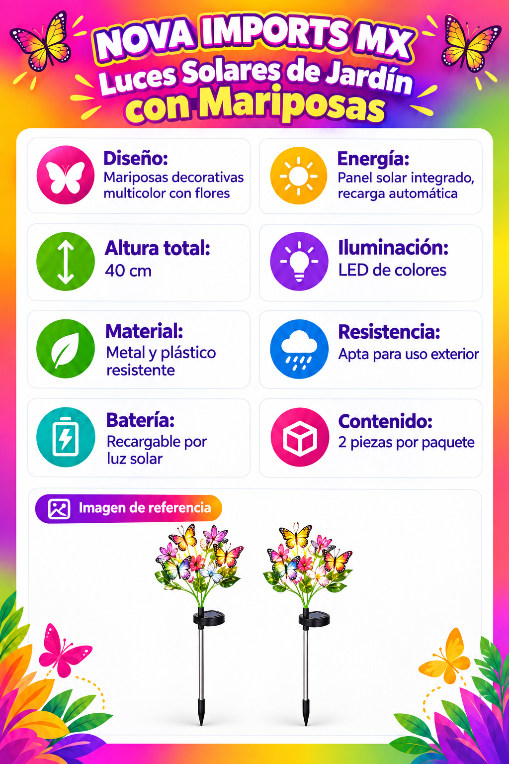 Par de mariposas SOLAERES decorativas de 40 cm