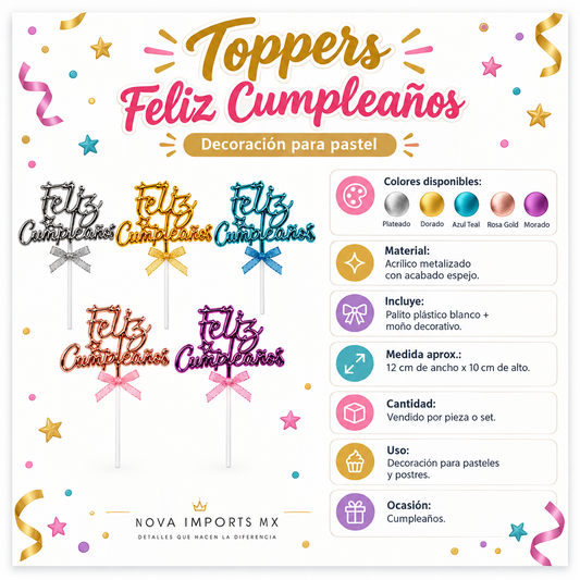5 Toppers para pastel Feliz Cumpleaños con moño, colores surtidos