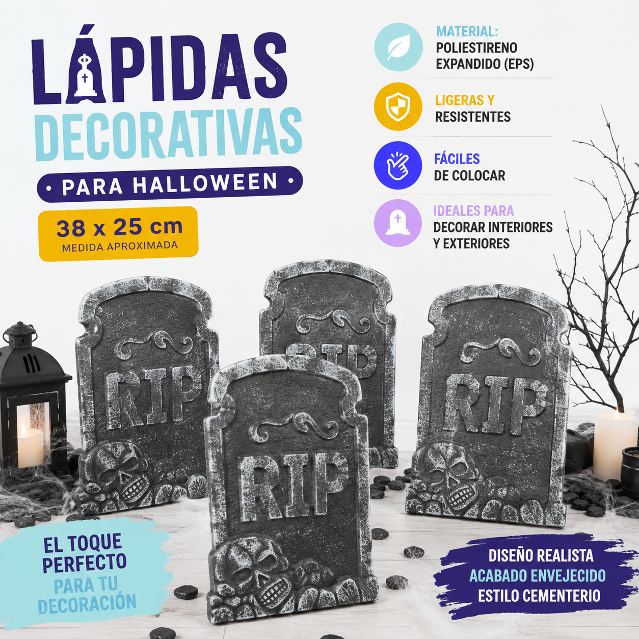 4 lápidas 38x25cm decorativas para Halloween