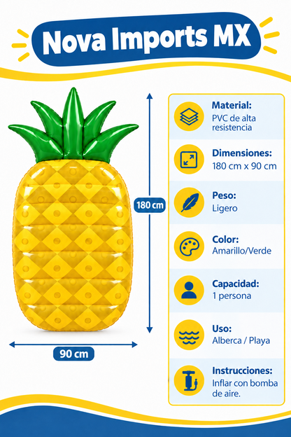Material PC de alta resistencia Dimensiones 180 x 90 cm Peso Ligero Color Amarillo / Verde Capacidad 1 persona Uso Alberca / Playa Instrucciones Inflar con bomba de aire Inflable de piña, para alberca 180 x 90 cm 