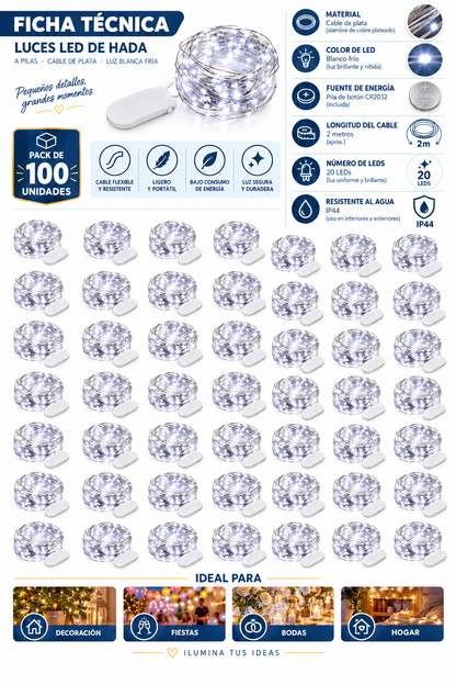 Luces micro LED tipo hada blancas de 2 m a pilas, paquete de 100