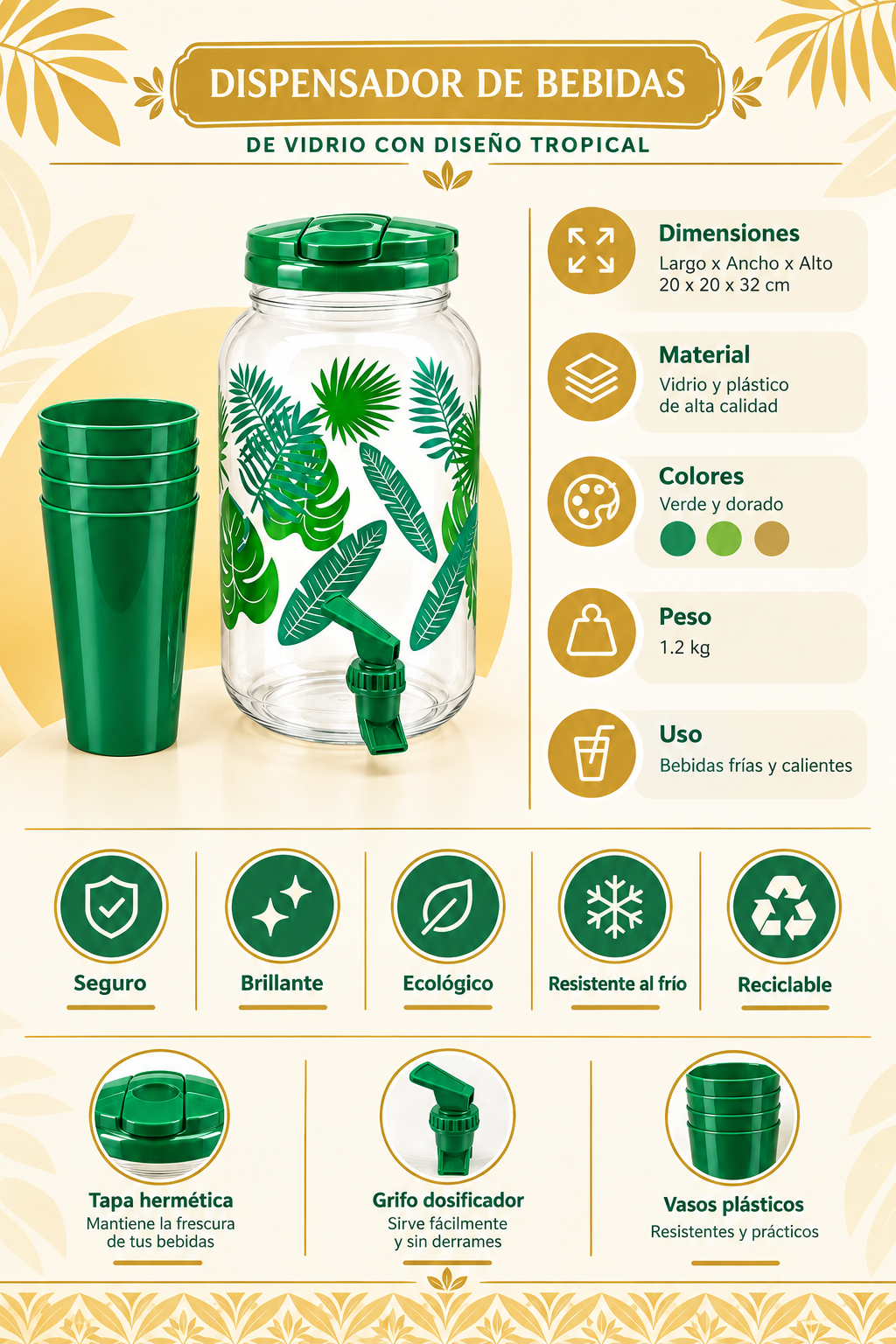 Jarra de 3.8L + 4 Vasos Color Verde Diseño Hojas