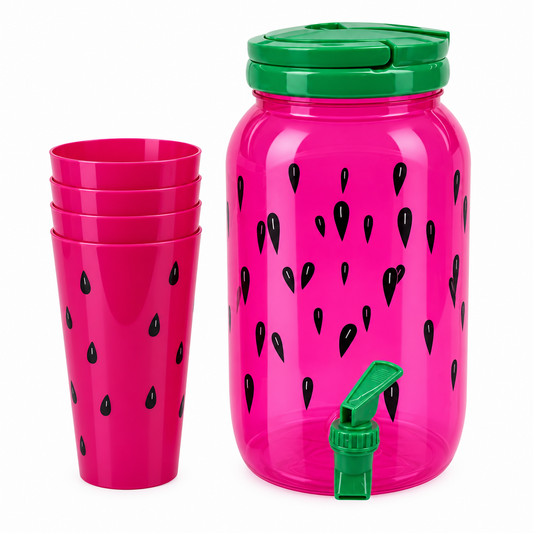 Dispensador Sandia de 3.8L + 4 Vasos Color Rosa/Verde Diseño Sandia
