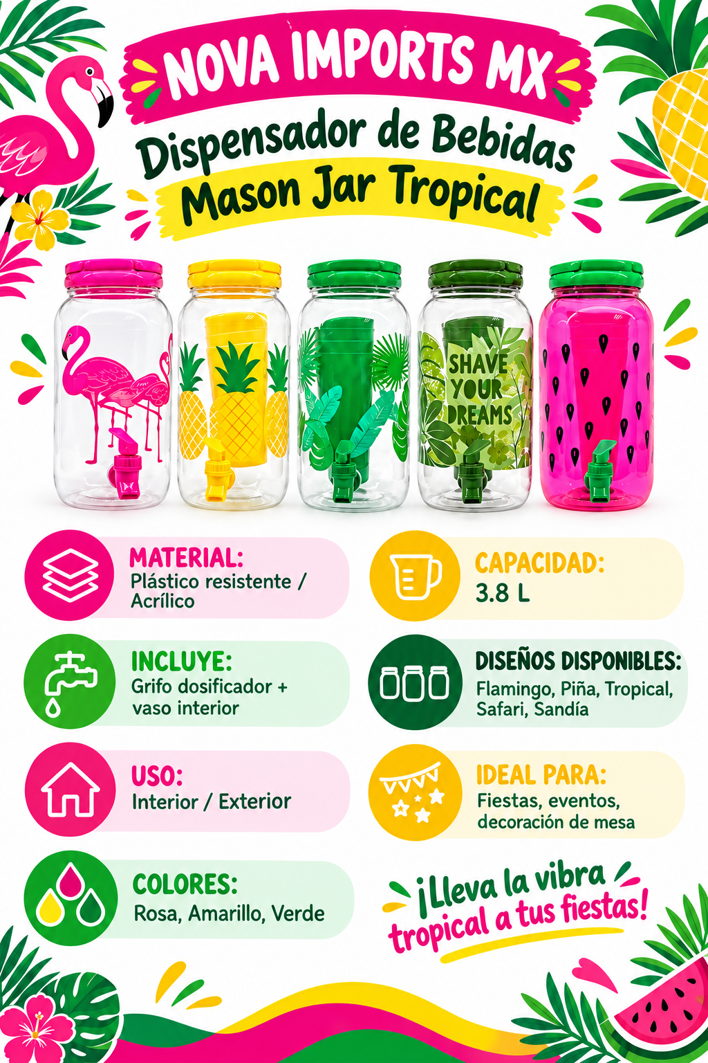 Dispensador de bebidas 3.8 L con 4 vasos | Colores tropicales