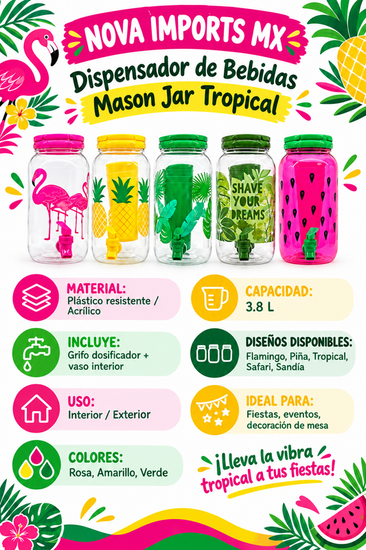 Dispensador de bebidas 3.8 L con 4 vasos | Colores tropicales