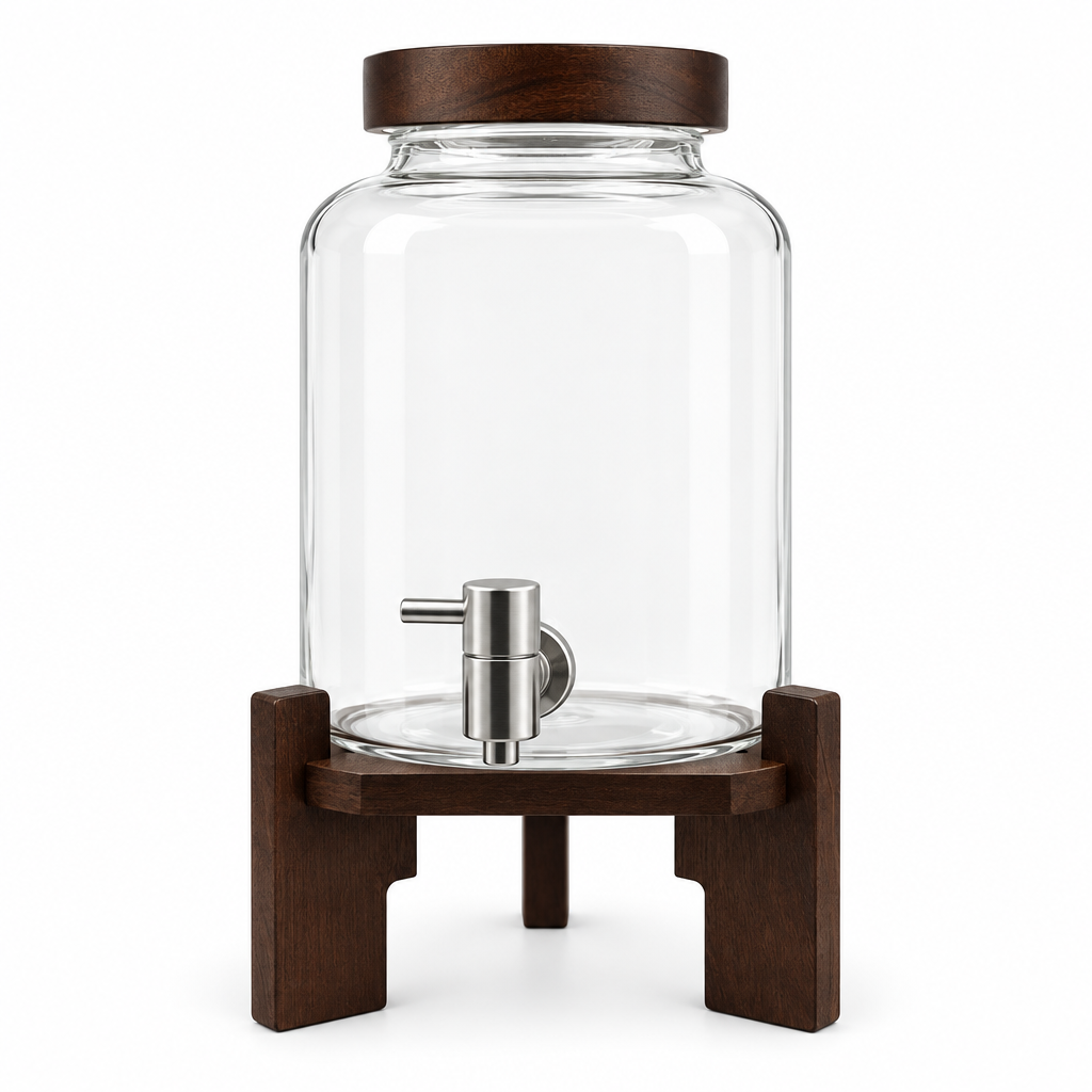 Dispensador de bebidas de vidrio 4 L con grifo y base de madera
