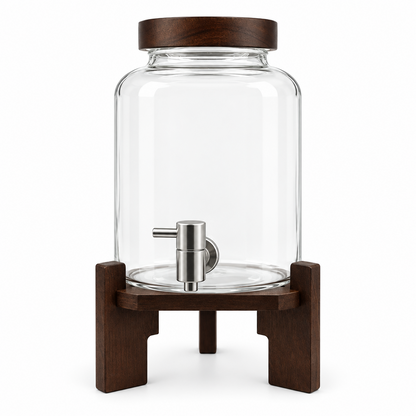 Dispensador de bebidas de vidrio 4 L con grifo y base de madera