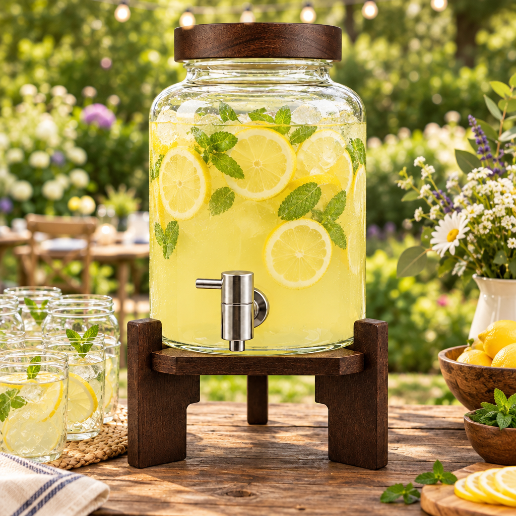 Dispensador de bebidas de vidrio 4 L con grifo y base de madera