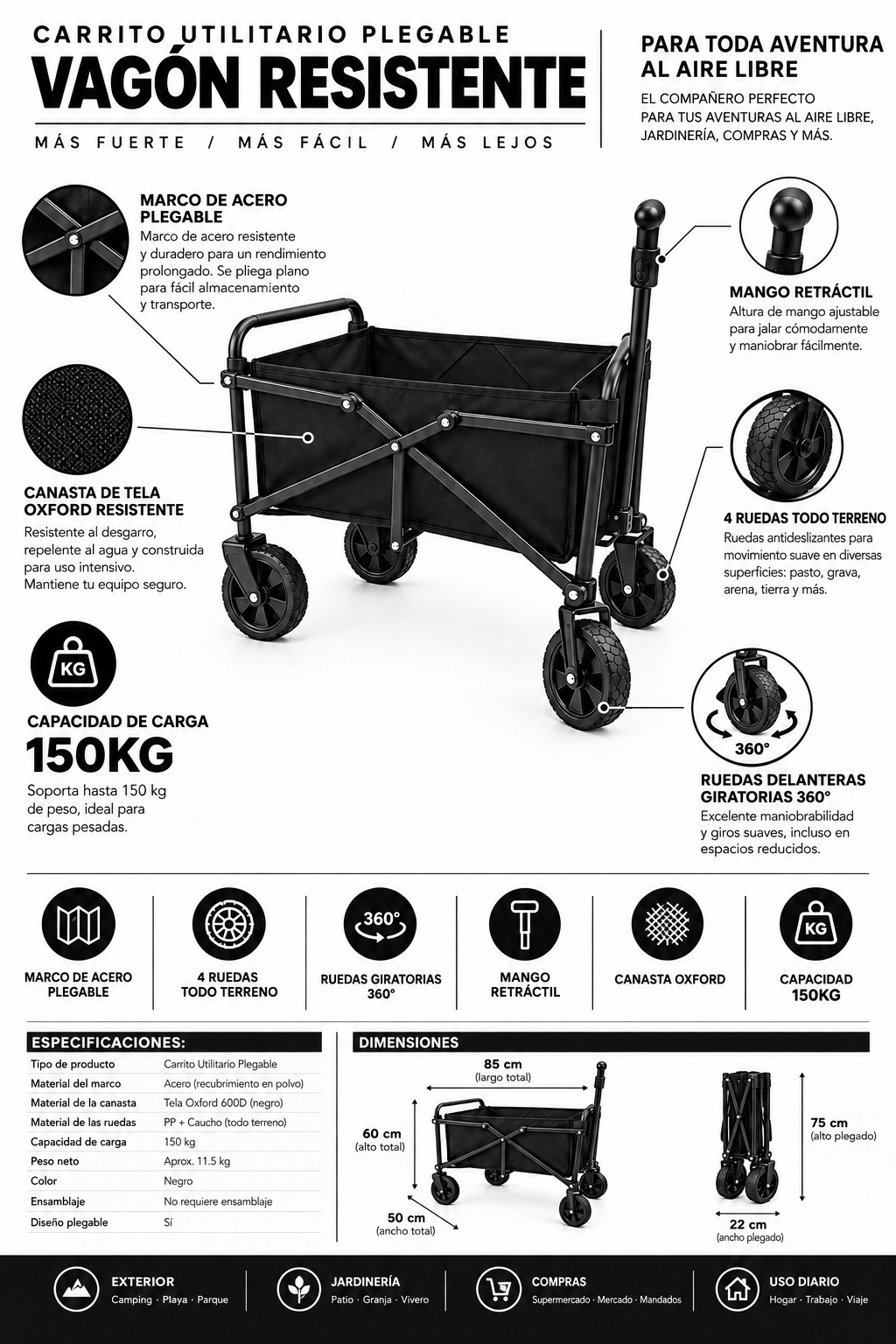 Carrito De Compras Plegable 150kg 4 Ruedas Giratorias Negro