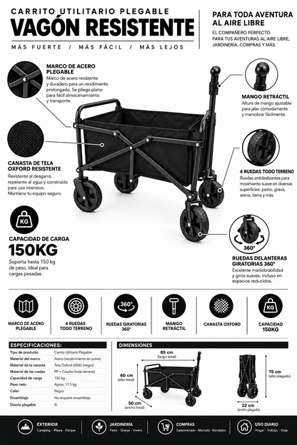 Carrito De Compras Plegable 150kg 4 Ruedas Giratorias Negro