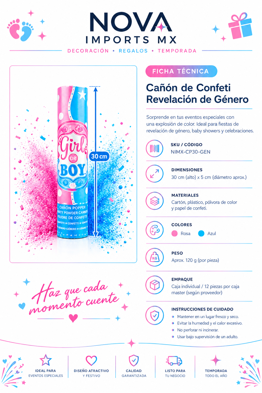 Pack de 6 - Lanzador de confeti de género, 30 cm, versión polvo 2