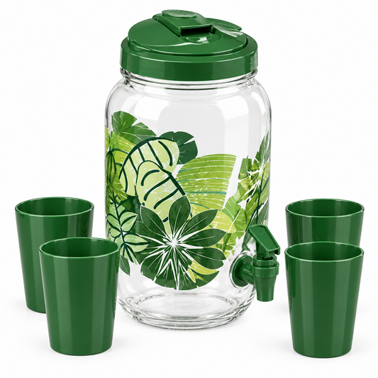 Dispensador de 3.8L color verde tropical diseño de hojas con 4 vasos de plastico de pvc