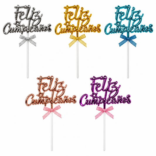 5 Toppers para pastel Feliz Cumpleaños con moño, colores surtidos