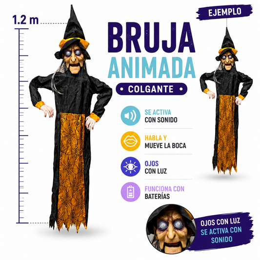 Bruja colgante 1.2m con luz, movimiento y sonido.