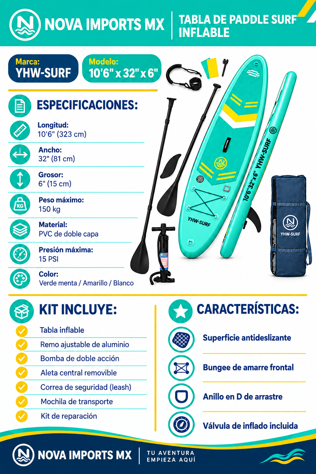Baddleboard Inflable  , 3.2 m, azul, verde y blanco, 3 colores surtidos con kit parches, inflador, remo, Correa de tobillo, aleta y mochila .