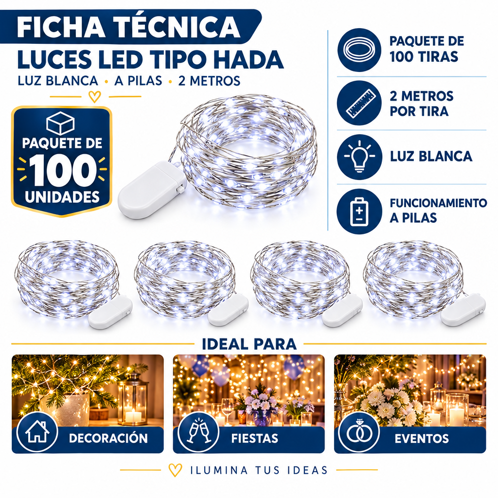 Ficha gráfica para paquete de 100 tiras de luces tipo hada