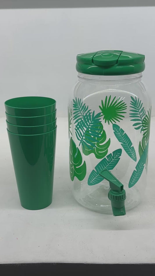 Jarra de 3.8L + 4 Vasos Color Verde Diseño Hojas